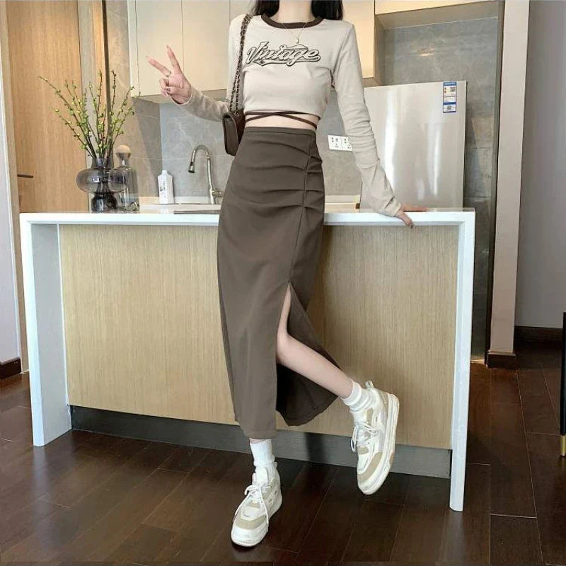 W&W Mode - Midi-Rock für Damen mit Falten und Seitenschlitz im Koreanischen Stil