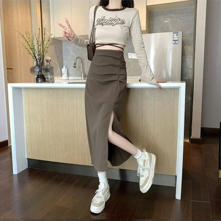 W&W Mode - Midi-Rock für Damen mit Falten und Seitenschlitz im Koreanischen Stil