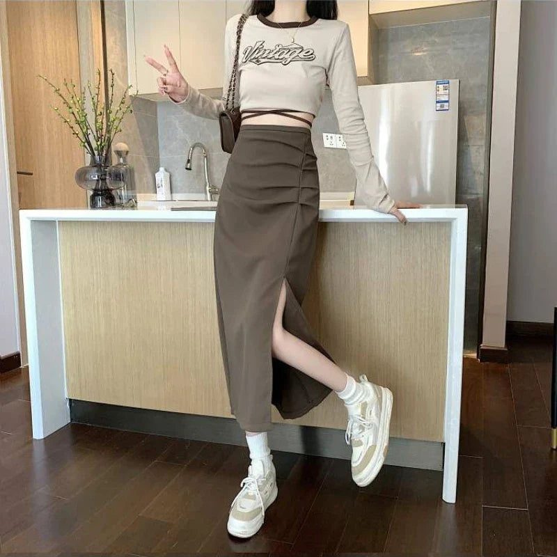 W&W - Midi-Rock für Damen mit Falten und Seitenschlitz im Koreanischen Stil