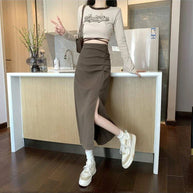 W&W - Midi-Rock für Damen mit Falten und Seitenschlitz im Koreanischen Stil