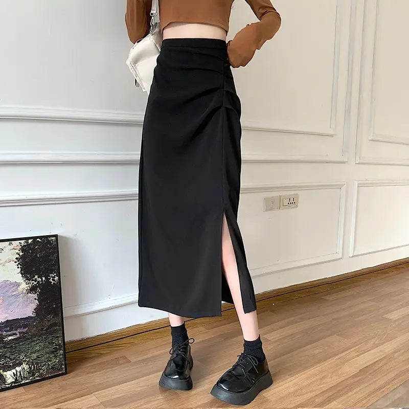 W&W Mode - Midi-Rock für Damen mit Falten und Seitenschlitz im Koreanischen Stil