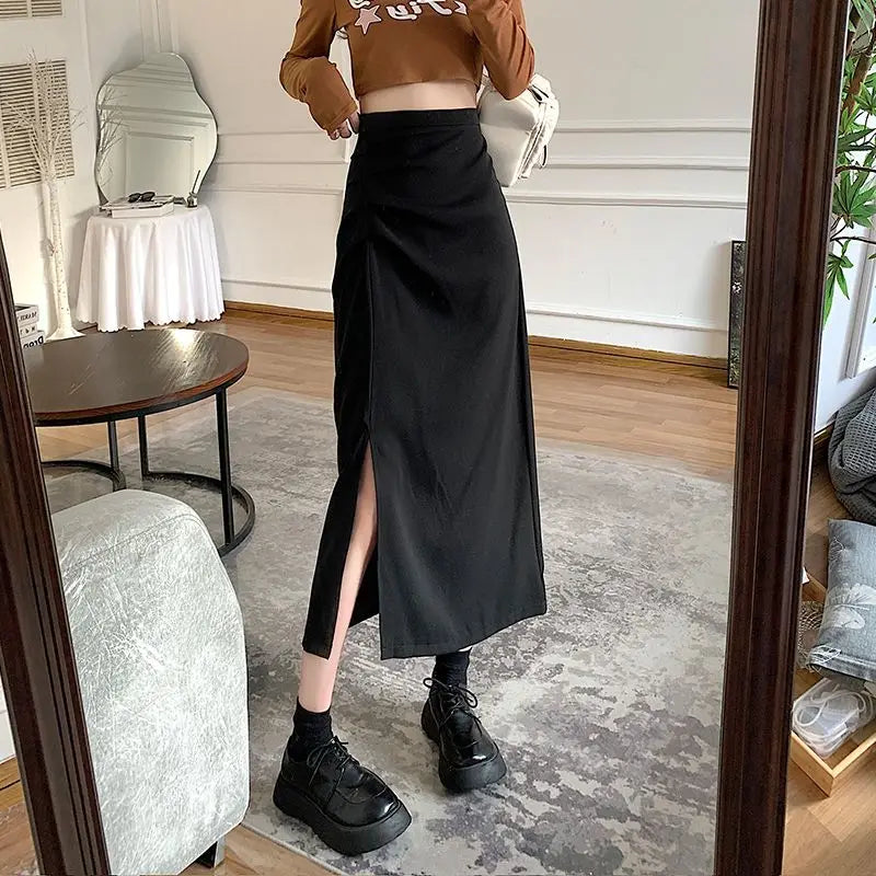 W&W Mode - Midi-Rock für Damen mit Falten und Seitenschlitz im Koreanischen Stil