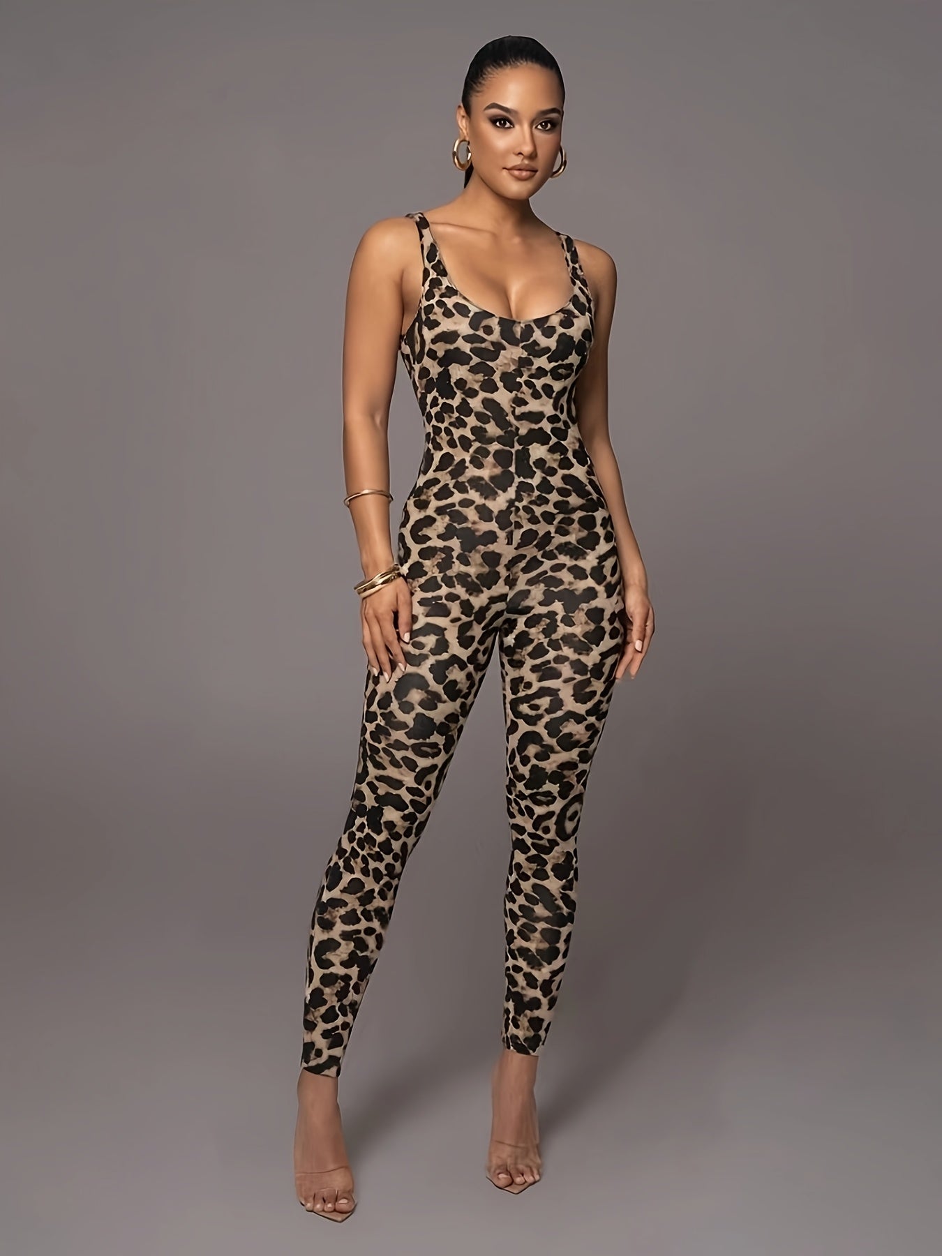 WW | Damen Jumpsuit Mit Leopardenmuster Trendy Sportlicher Catsuit Mit Hohem Stretch