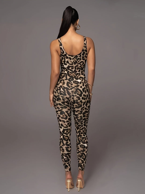 WW | Damen Jumpsuit Mit Leopardenmuster Trendy Sportlicher Catsuit Mit Hohem Stretch