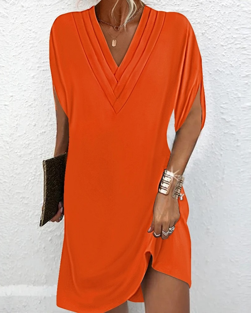 WW | V Ausschnitt Lockere Passform Kurzärmeliges Kleid Sommerkleid