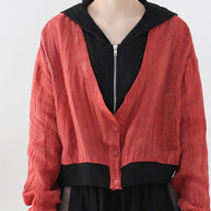 WW | Rote Colorblock Patchwork Leinen Fake Zwei Stück Mäntel Langarm