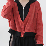 WW | Rote Colorblock Patchwork Leinen Fake Zwei Stück Mäntel Langarm