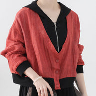 WW | Rote Colorblock Patchwork Leinen Fake Zwei Stück Mäntel Langarm