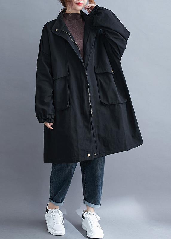 WW | schwarze feine Mäntel Damen Blusen Ausschnitt Stehkragen große Taschen Oberbekleidung