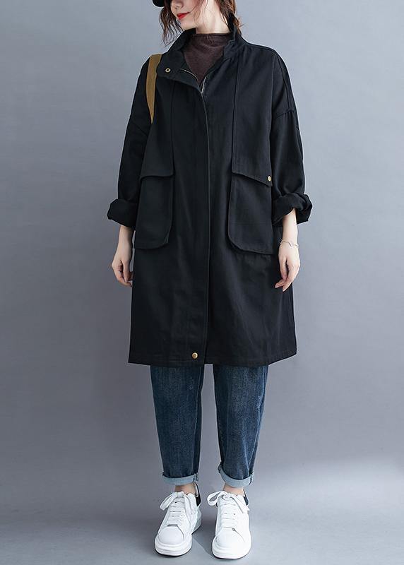 WW | schwarze feine Mäntel Damen Blusen Ausschnitt Stehkragen große Taschen Oberbekleidung