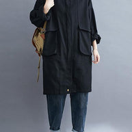 WW | schwarze feine Mäntel Damen Blusen Ausschnitt Stehkragen große Taschen Oberbekleidung