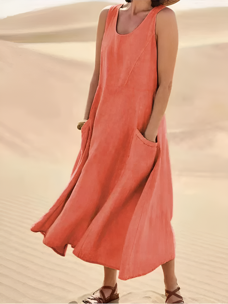 WW | Damen Leinen Maxikleid Mit Taschen