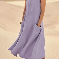 WW | Damen Leinen Maxikleid Mit Taschen