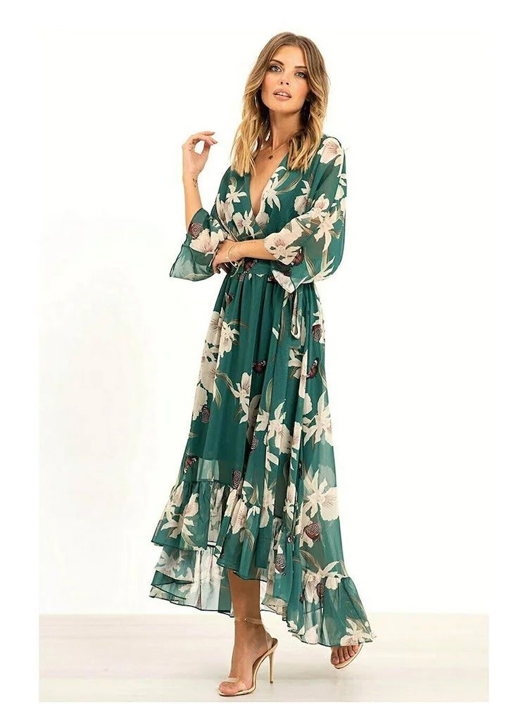 W&W Mode | 3/4 Arm V-Ausschnitt Maxikleid für Eleganz