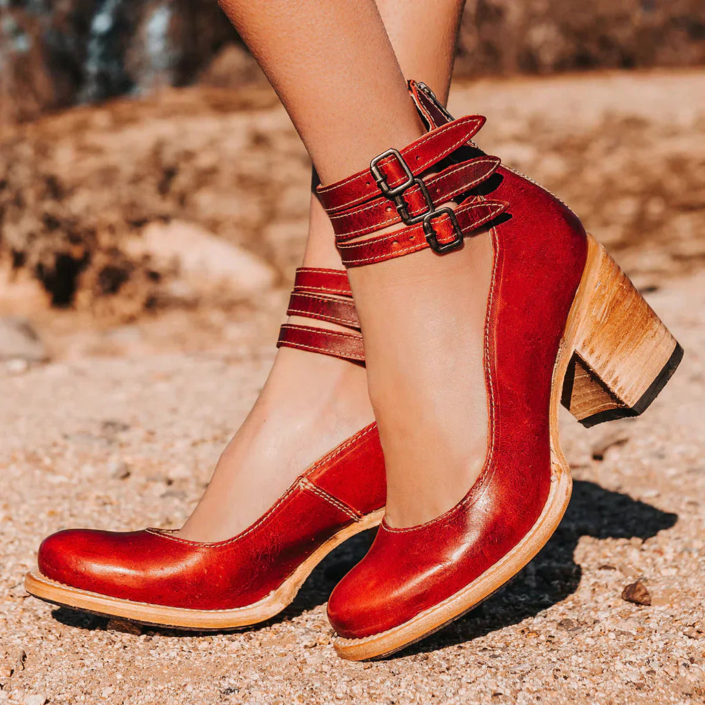 WW | Pumps Knöchelriemen Doppelspange Blockabsatz Texturierte Oberfläche Elegante Kleidung
