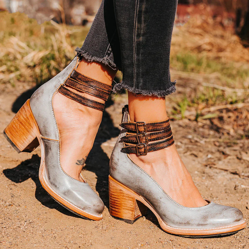 WW | Pumps Knöchelriemen Doppelspange Blockabsatz Texturierte Oberfläche Elegante Kleidung