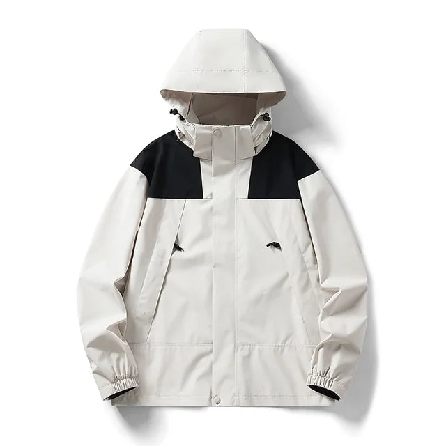 Beige wind- und wasserdichte Outdoor-Kapuzenjacke mit langen Ärmeln und farblich abgestimmtem Reißverschluss
