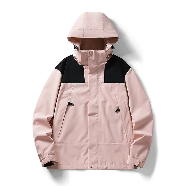 Rosa wind- und wasserdichte Outdoor-Kapuzenjacke mit langen Ärmeln und farblich abgestimmtem Reißverschluss