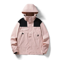 Rosa wind- und wasserdichte Outdoor-Kapuzenjacke mit langen Ärmeln und farblich abgestimmtem Reißverschluss