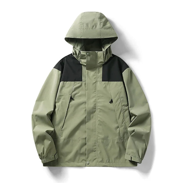 Grün wind- und wasserdichte Outdoor-Kapuzenjacke mit langen Ärmeln und farblich abgestimmtem Reißverschluss