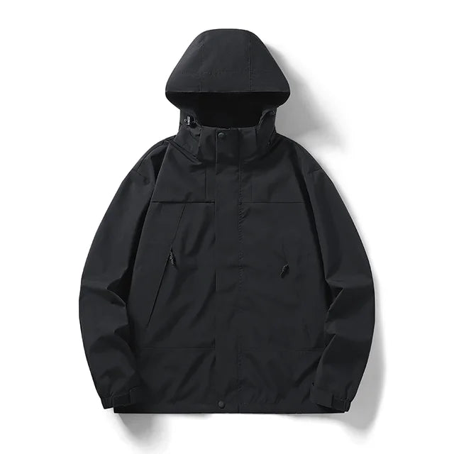 Schwarze wind- und wasserdichte Outdoor-Kapuzenjacke mit langen Ärmeln und farblich abgestimmtem Reißverschluss
