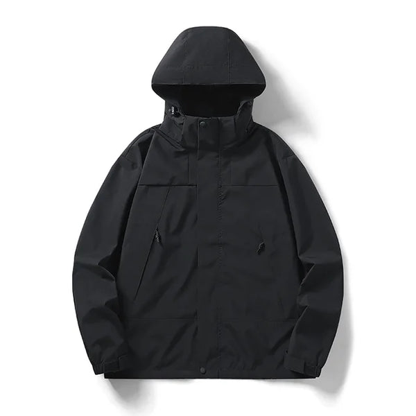 Schwarze wind- und wasserdichte Outdoor-Kapuzenjacke mit langen Ärmeln und farblich abgestimmtem Reißverschluss
