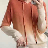 Rose™ - Farbverlauf Patchwork Wollstrickpullover mit Kapuze Herbst