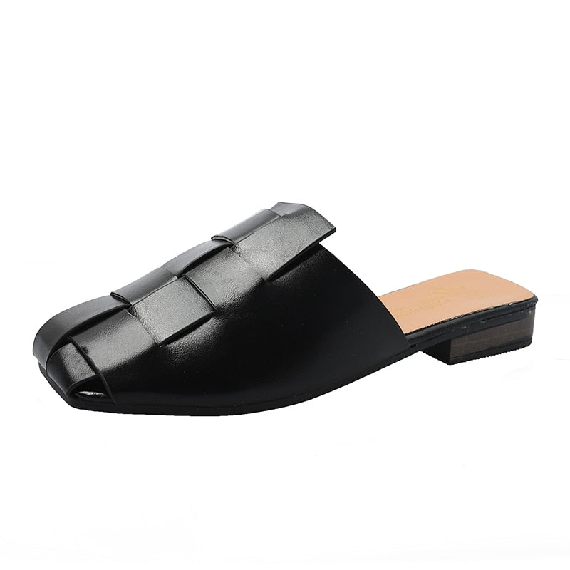 WW | Retro Kreuzband Hohl Slip-On Niedrige Absätze Damen Mules Schuhe