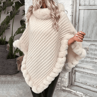 WW | Poncho mit weicher Webstruktur – stilvoller Damenponcho mit Kragen und Kunstpelzabschluss