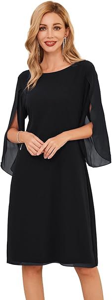 W&W Mode | Shift Kleid Knielang Bateau Ausschnitt Dreiviertel Schlitzärmel Fließend
