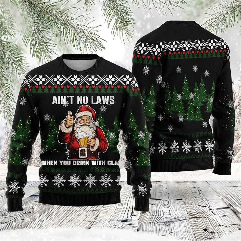 W&W Mode | Buntes Santa Claus Cartoon Druck - Schwarzer Feiertags-Icon Pullover