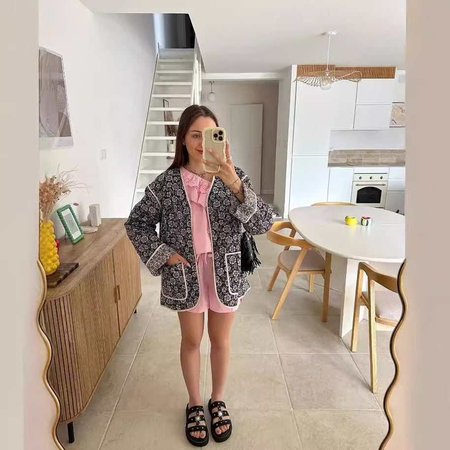 Damen elegante Floral-Jacke im Oversized-Schnitt mit strukturierten Details WW