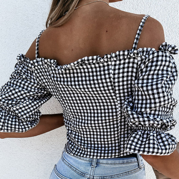 Damen Off-Shoulder Bluse mit Rüschendetails und Karomuster WW