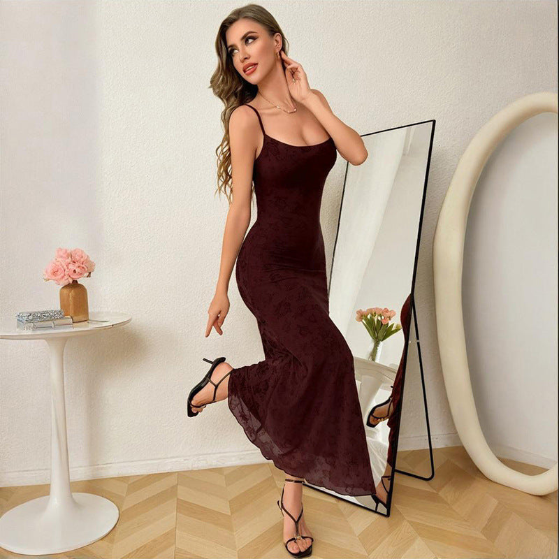 Damen Elegantes bodenlanges Spitzenkleid mit Spaghettiträgern W&W Mode