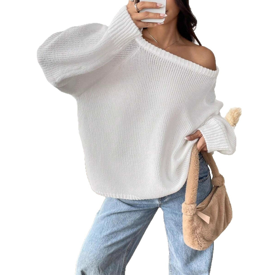 Damen Bequemer Oversized Pullover mit weitem Rundhalsausschnitt WW