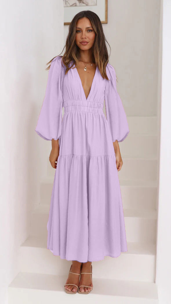 Damen Maxikleid mit tiefem V-Ausschnitt und weit ausgestellten Ärmeln W&W Mode