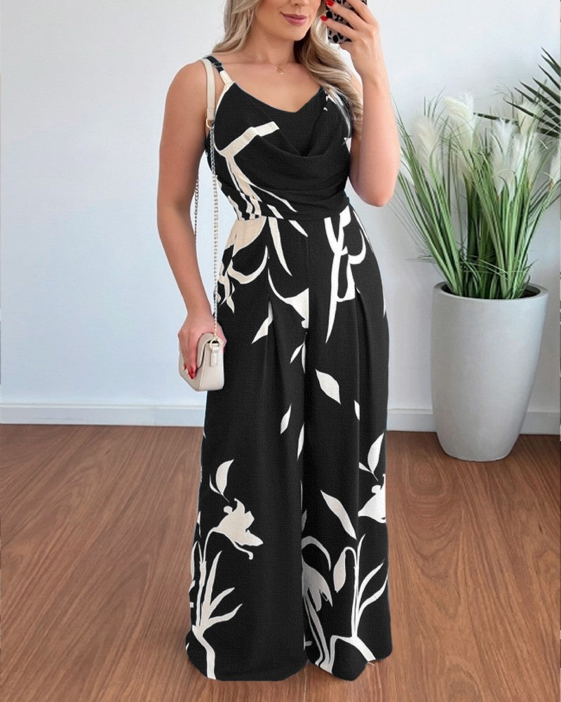Damen Eleganter Jumpsuit mit fließendem Stoff und modischem Blumenmuster WW