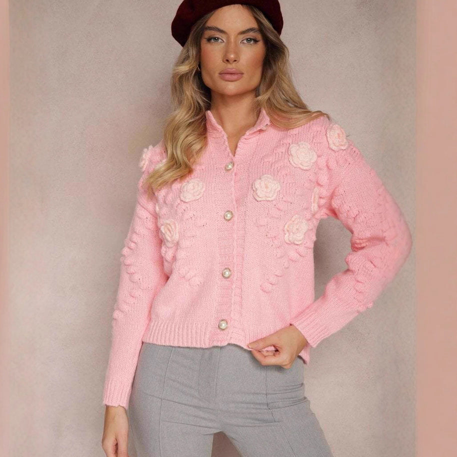 Damen Strickjacke mit floralen Details und Knopfverschluss WW
