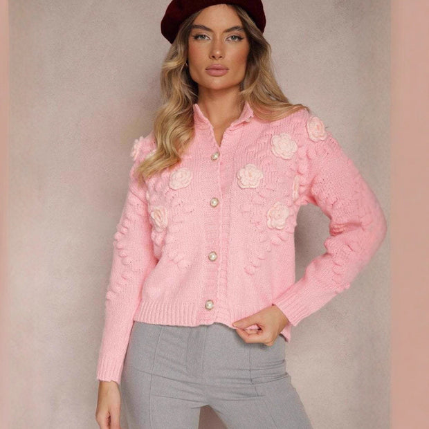 Damen Strickjacke mit floralen Details und Knopfverschluss WW