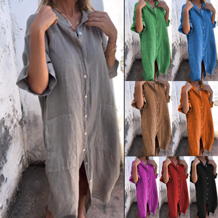 W&W Mode | Lässiges Baumwoll-Leinen Shirtkleid mit dreiviertelärmeln