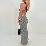 Damen Crop-Top und Maxi-Rock Set mit modischem Streifenmuster WW