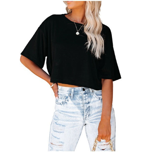Damen lässiges cropped T-Shirt mit weitem Schnitt und kurzen Ärmeln W&W Mode