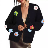 Damen Strickjacke mit Blumenapplikationen WW