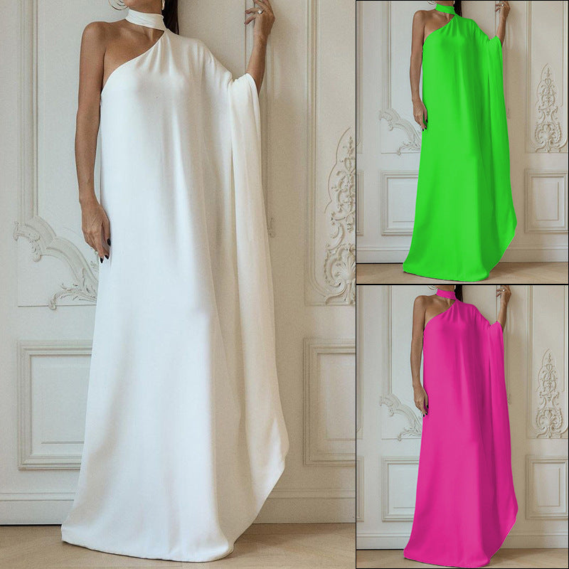 Damen elegantes One-Shoulder Abendkleid mit fließendem Stoff und schickem Kragen WW