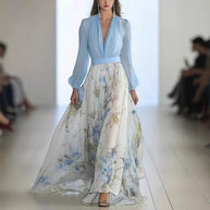 Damen Maxikleid mit floralem Chiffon und eleganten Puffärmeln WW