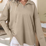 Damen lässiger Oversized Pullover mit halben Reißverschluss und Seitentaschen WW