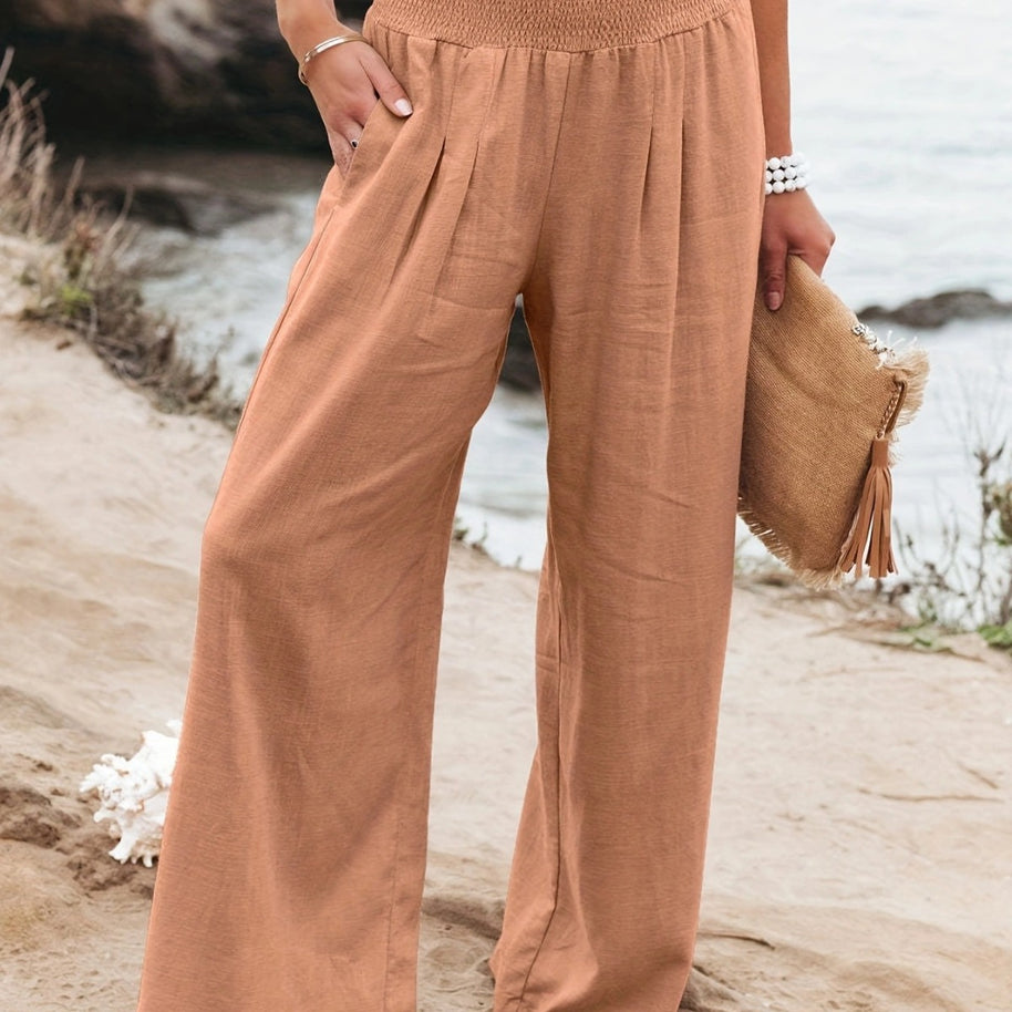 Damen Lange, weite Leinenhose mit elastischem Bund WW