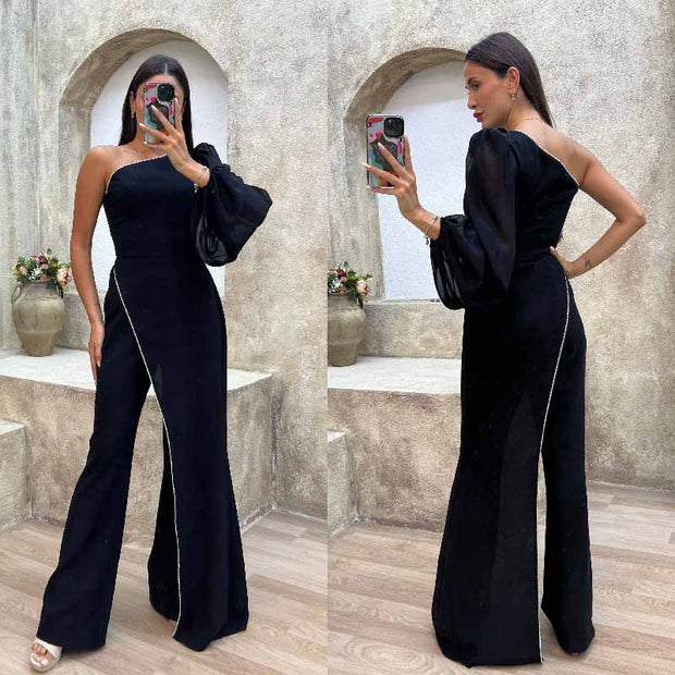 Damen Eleganter Jumpsuit mit asymmetrischem Schnitt und voluminöses Armdetail WW