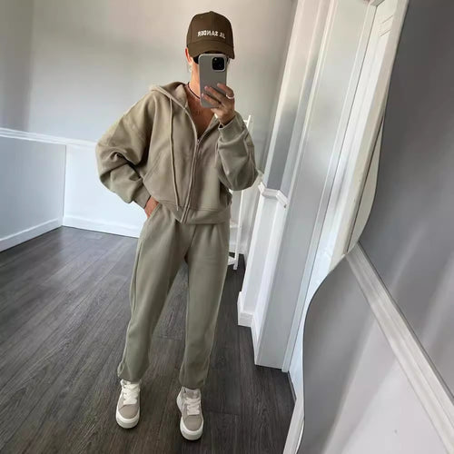 Damen sportliches Fleece-Jogginganzug mit praktischer Kapuze und Kordelzug WW