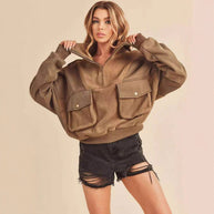 Damen Sportlicher Fleece-Pullover mit Reißverschluss und Tasche WW